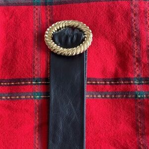 Elegant Black Leather Belt with Gold Buckle